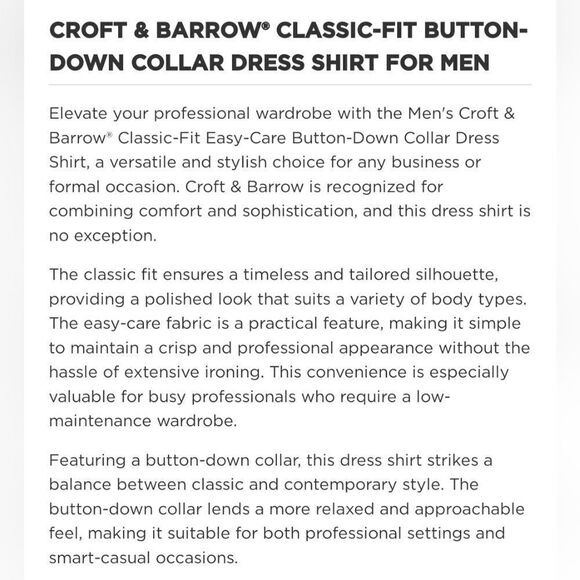 Men's Croft & Barrow Classic Fit Size Small Long Sleeve Collared Button Down Top - Picture 13 of 13